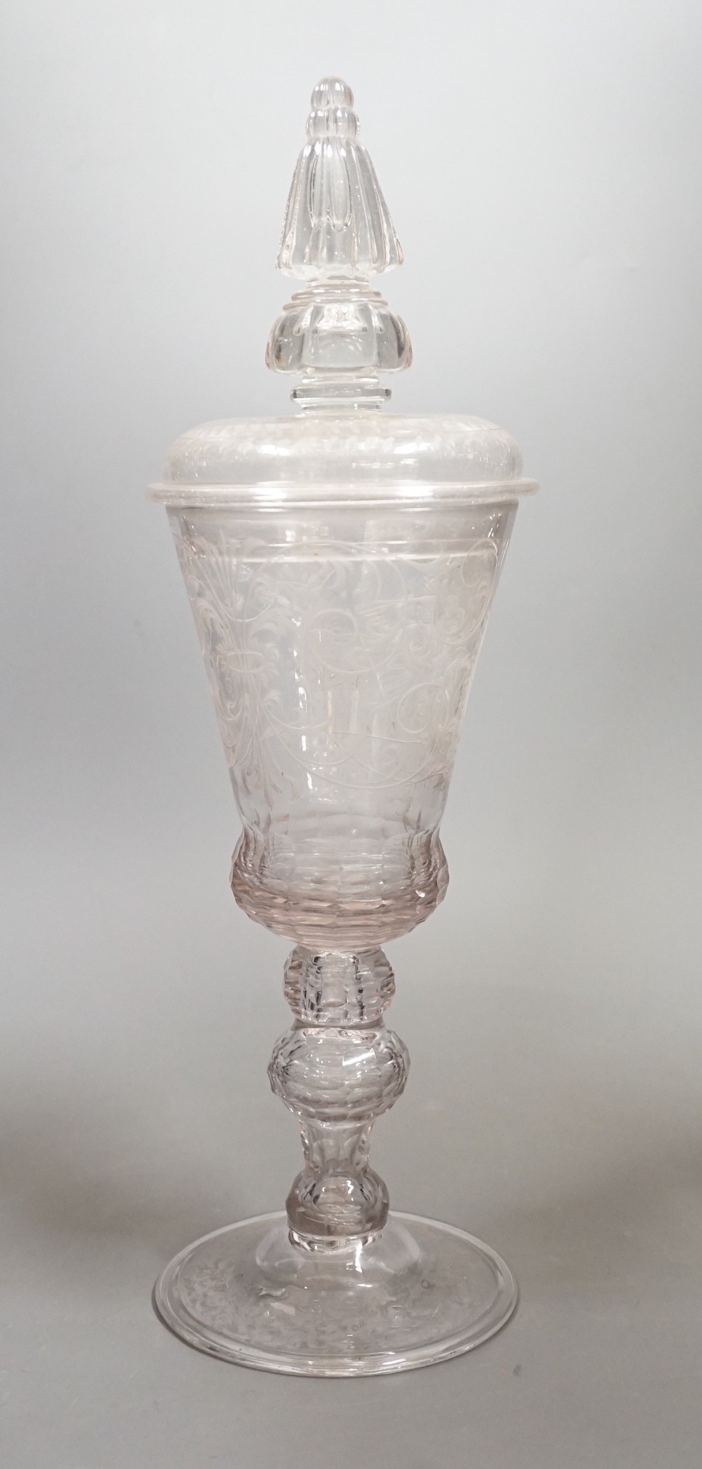 A large 18th century Bohemian goblet and cover, engraved with the angels visiting Abraham, 40cms high
